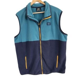REI Co-op Fleece Vest Large Blue Teal Colorblock Full Zip Pockets Outdoor Hiking